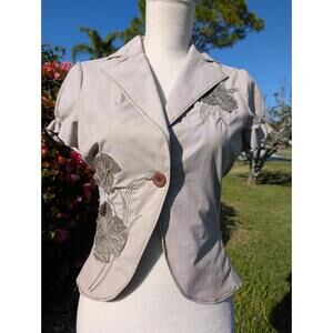 Rampage Floral Applique Blazer Jacket Beige Striped Short Sleeve Women’s M